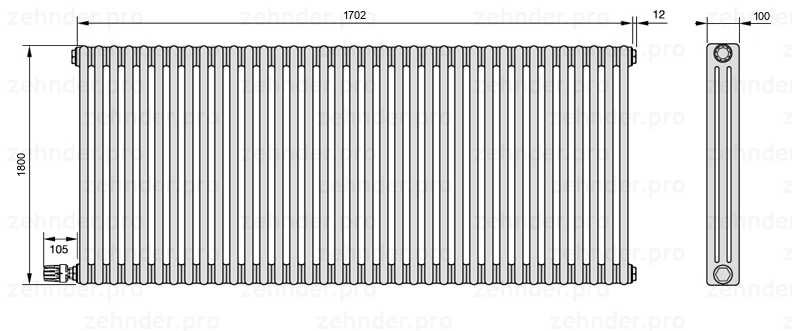 Схема (чертеж) Радиатор Zehnder Charleston 3180/37 №V003 Белый глянцевый RAL 9016